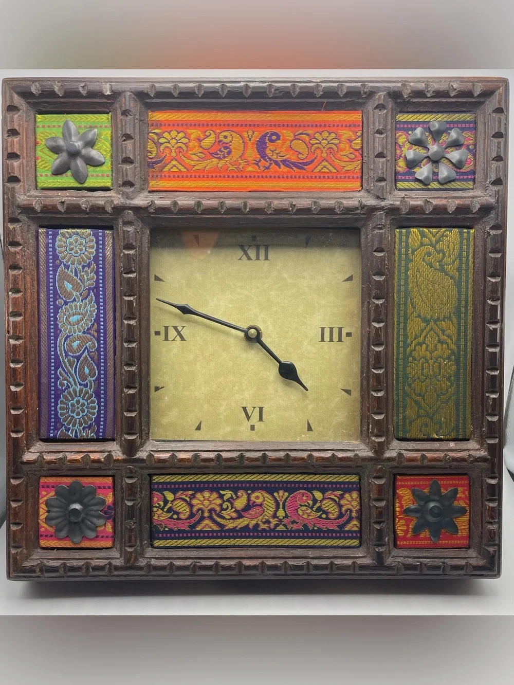 Case India Carved Wood Wall Clock Quartz Movement Bohemian Fabric (Working)